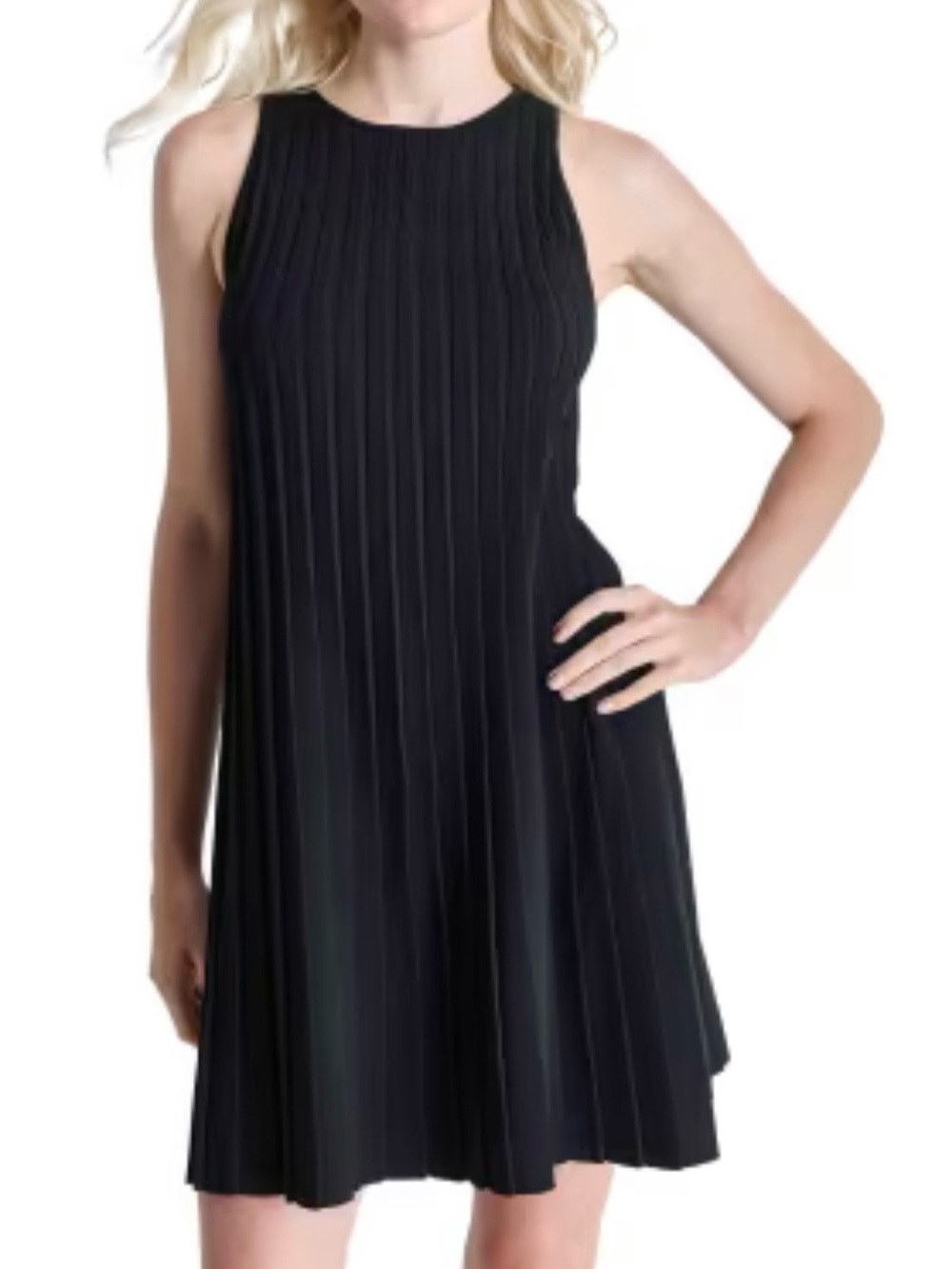 BNWT DKNY Black Sleeveless Pleated Halter Style Crew neck Sheath Dress